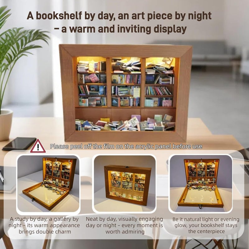 Silanit 10.2 x 9.1 x 3.1 in Anxiety Bookshelf with 400 Mini Book Pieces includes 6 Decorative Mini Lights, Miniature Bookshelf for Tiny Home, Library Decor, Book Organizer for Office Desk, Bookish Spaces - Image 5